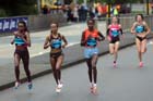 Tirunesh Dibaba, Meseret Defar and Priscah Jeptoo start to move away from the rest of the field in the BUPA Great North Run.